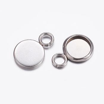 304 Stainless Steel Pendant Cabochon Settings, Plain Edge Bezel Cups, Flat Round, Stainless Steel Color, Tray: 6mm, 11.5x8x1mm, Hole: 2.5mm