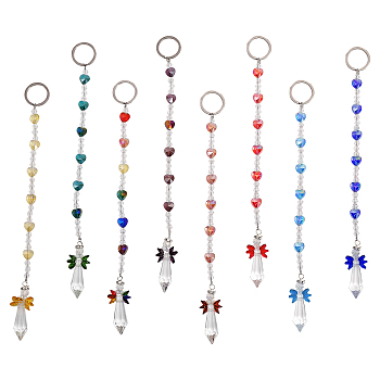 CHGCRAFT Colorful Electroplate Glass Beaded Keychain, with Glass Charms and 304 Stainless Steel Findings, Bullet, Mixed Color, 26cm, 8pcs/set, 1 set/box