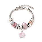 European Style Zinc Alloy Enamel & 201 Stainless Steel & Plastic & Rhinestone Charm Bracelets, Flower, Platinum, Pink, 7-1/4 inch(18.5cm)(FS-WG22A2C-05)
