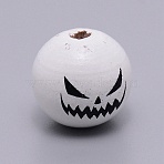 Schima Wood Beads, Halloween Theme, Round with Expression Pattern, White, 15.50~16mm,Hole:4mm(X1-WOOD-TAC0007-54)