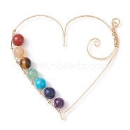 7 Chakra Gemstone Copper Wire Wrapped Big Pendants, Heart Charms with Jump Rings, Golden, 59x59x7mm, Hole: 3.5mm(PALLOY-JF02429)