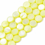 Freshwater Shell Beads Strands, Dyed, Flat Round, Yellow, 8x2.5~3.5mm, Hole: 0.8mm, about 50~51pcs/strand, 15.35 inch~15.75 inch(39cm~40cm)(SHEL-T009-B16-01)
