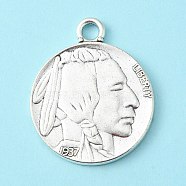 Tibetan Style Alloy Coin Pendants, Flat Round with Indian Head and Buffalo, Cadmium Free & Lead Free, Antique Silver, 40x33x3mm, Hole: 4mm(TIBEP-GC001-AS-RS)