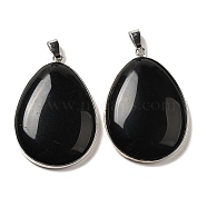 Natural Black Onyx Pendants, Platinum Plated Brass Teardrop Charms with Iron Snap on Bails, Dyed & Heated, 46x31.5x7mm, Hole: 7x3.5mm(KK-F868-13P)