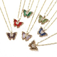 Butterfly Light Gold Brass Micro Pave Cubic Zirconia Pendant Necklaces, with Glass, Mixed Color, 16.14 inch(41cm)(NJEW-E105-04KCG)