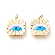 Real 20K Gold Plated Brass Pendants, with Enamel and Jump Rings, Long-Lasting Plated, Square with Eye, Deep Sky Blue, 20.6x18.2x2.6mm, Jump Ring: 5x1mm, 3mm Inner Diameter(X-KK-L006-020G)