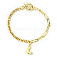 Golden Brass Charm Bracelets, with Paperclip & Curb Chains, Moon, 7-1/2 inch(19.2cm)(BJEW-JB10021-02)