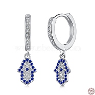 Rhodium Plated 925 Sterling Silver Micro Pave Cubic Zirconia Hoop Earrings for Women, Hamsa Hand Dangle Earrings, with S925 Stamp, Real Platinum Plated, 24x7mm(EJEW-P231-65P)