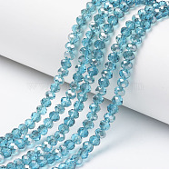Electroplate Transparent Glass Beads Strands, Half Gray Plated, Faceted, Rondelle, Cyan, 4x3mm, Hole: 0.4mm, about 123~127pcs/strand, 16.5~16.9 inch(42~43cm)(EGLA-A034-T4mm-E11)