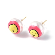 Natural Shell Smiling Face Stud Earrings with Enamel, Real 18K Gold Plated Brass Jewelry for Women, Cerise, 15mm, Pin: 0.8mm(EJEW-G334-04A)