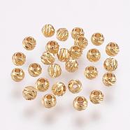 Carved Brass Beads, Long-Lasting Plated, Round, Real 18K Gold Plated, 3.5~4x3mm, Hole: 2mm(KK-G312-02G-4mm)