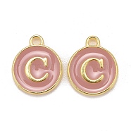 Golden Plated Alloy Enamel Charms, Cadmium Free & Lead Free, Enamelled Sequins, Flat Round with Letter, Pink, Letter.C, 14x12x2mm, Hole: 1.5mm(ENAM-S118-07C)