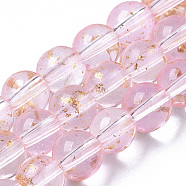 Transparent Spray Painted Glass Bead Strands, with Golden Foil, Round, Pink, 6~7mm, Hole: 1.2~1.5mm, about 65~67pcs/Strand, 14.76 inch~15.12 inch(37.5~38.4cm)(GLAA-N035-03B-B06)