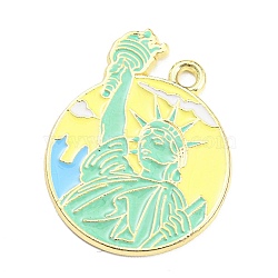 Alloy Enamel Pendants, Golden, Flat Round with Statue of Liberty Pattern, Champagne Yellow, 27x22x1.5mm, Hole: 1.8mm(ENAM-M217-03A-G)