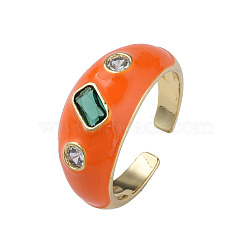 Cubic Zirconia Open Cuff Ring with Enamel, Real 18K Gold Plated Brass Jewelry for Women, Nickel Free, Coral, US Size 6 3/4(17.1mm)(RJEW-N035-128A)