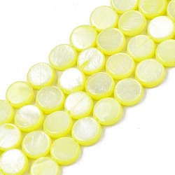 Freshwater Shell Beads Strands, Dyed, Flat Round, Yellow, 8x2.5~3.5mm, Hole: 0.8mm, about 50~51pcs/strand, 15.35 inch~15.75 inch(39cm~40cm)(SHEL-T009-B16-01)