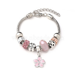 European Style Zinc Alloy Enamel & 201 Stainless Steel & Plastic & Rhinestone Charm Bracelets, Flower, Platinum, Pink, 7-1/4 inch(18.5cm)(FS-WG22A2C-05)