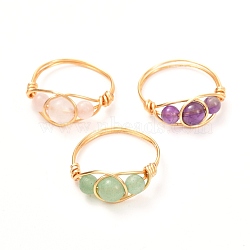 Copper Wire Wrapped Mixed Natural Gemstone Braided Bead Rings for Women, Real 18K Gold Plated, US Size 7 3/4, Inner Diameter: 18mm(RJEW-JR00387)