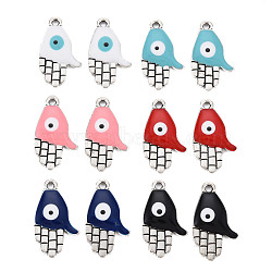 Rack Plating Alloy Enamel Pendants, Cadmium Free & Nickel Free & Lead Free, Hand  with Eye, Antique Silver, Mixed Color, 24x13.5x3mm, Hole: 1.8mm(ENAM-T015-007-NR)