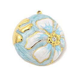 Ion Plating(IP) 304 Stainless Steel Rhinestone Pendants, with Enamel, Real 18K Gold Plated, Half Round with Flower Charm, Sky Blue, 30x26.5x8mm, Hole: 1.5mm(X-STAS-U007-07D-G)