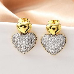 Brass Micro Pave Clear Cubic Zirconia Stud Earrings, Rack Plating, Long-Lasting Plated, Lead Free & Cadmium Free, Heart, Real 18K Gold Plated, 18x14mm(EJEW-F359-03G-01)