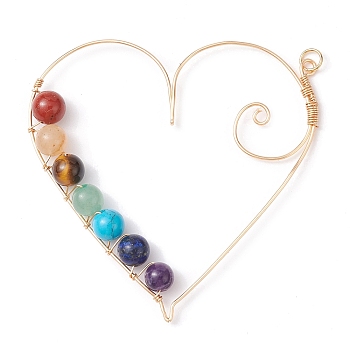 7 Chakra Gemstone Copper Wire Wrapped Big Pendants, Heart Charms with Jump Rings, Golden, 59x59x7mm, Hole: 3.5mm