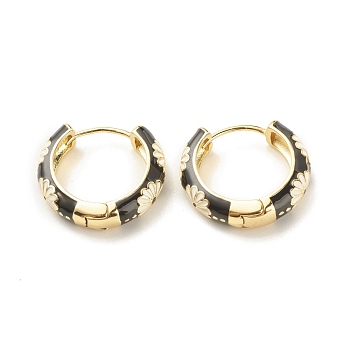 Daisy Flower Enamel Hoop Earrings, Gold Plated Brass Hinged Earrings for Women, Black, 20x22x5mm, Pin: 0.9mm