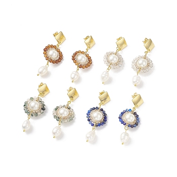 4 Pair 4 Style Natural Mixed Gemstone & Shell Pearl Beaded Flower Dangle Stud Earrings, 304 Stainless Steel Wire Wrap Long Drop Earrings for Women, 58mm, Pin: 0.7mm