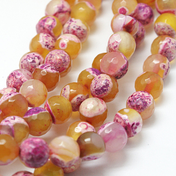 Natural Fire Crackle Agate Bead Strands, Round, Grade A, Faceted, Dyed & Heated, Hot Pink, 8mm, Hole: 1mm, about 47pcs/strand, 15 inch