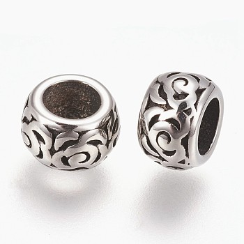 304 Stainless Steel European Beads, Large Hole Beads, Flat Round, Antique Silver, 8x5mm, Hole: 4.5mm