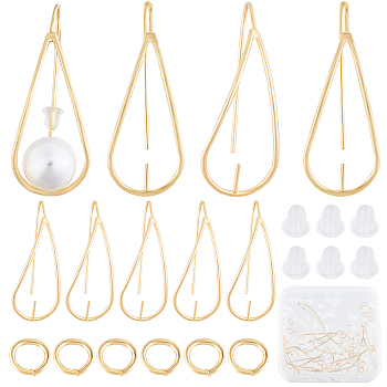 12Pcs Brass Earring Hook, for Half Drilled Beads, with 50Pcs Jump Rings & 100Pcs Plastic Ear Nuts, Real 18K Gold Plated, 35.5x14mm, Pin: 0.8mm