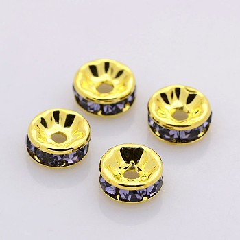 Brass Rhinestone Spacer Beads, Grade A, Straight Flange, Golden Metal Color, Rondelle, Tanzanite, 8x3.8mm, Hole: 1.5mm