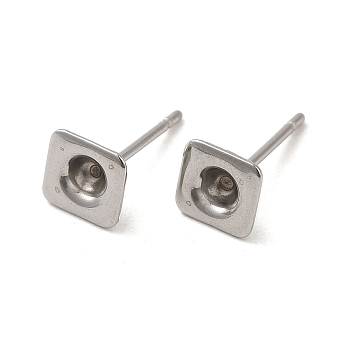 Square 201 Stainless Steel Stud Earring Findings, Earring Settings with 304 Stainless Steel Pins, Stainless Steel Color, 6x6mm, Pin: 11x0.8mm, Tray: 3mm