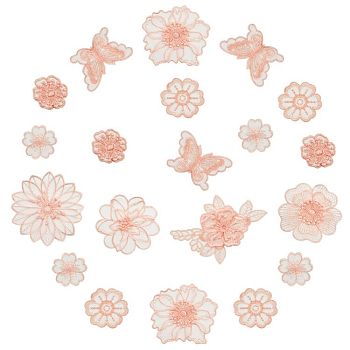 20 Pcs 9 Style Flower & Butterfly Organgza Lace Embroidery Ornament Accessories, Applique Patch, Sewing Craft Decoration, Light Salmon, 29~81x30~97x0.9~2mm