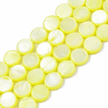 Freshwater Shell Beads Strands, Dyed, Flat Round, Yellow, 8x2.5~3.5mm, Hole: 0.8mm, about 50~51pcs/strand, 15.35 inch~15.75 inch(39cm~40cm)