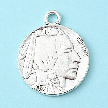 Tibetan Style Alloy Coin Pendants, Flat Round with Indian Head and Buffalo, Cadmium Free & Lead Free, Antique Silver, 40x33x3mm, Hole: 4mm