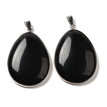 Natural Black Onyx Pendants, Platinum Plated Brass Teardrop Charms with Iron Snap on Bails, Dyed & Heated, 46x31.5x7mm, Hole: 7x3.5mm
