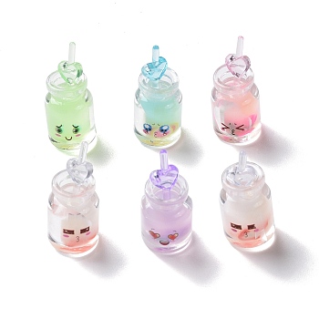 Luminous Transparent Resin Pendants, Drink Bottle Charms with Face, Glow in Dark, Mixed Color, 34x15x15mm, Hole: 1.5mm