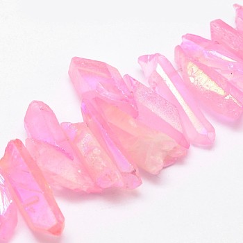 Electroplated Natural Quartz Crystal Bead Strands, Nuggets, Dyed, Pearl Pink, 16~36x5~8x5~8mm, Hole: 1.5mm, about 15pcs/strand, 4 inch