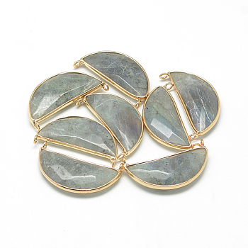 Natural Labradorite Pendants, with Brass Findings, Faceted, Pea, Golden, Light Grey, 36x20x6~7mm, Hole: 2mm