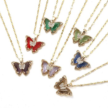 Butterfly Light Gold Brass Micro Pave Cubic Zirconia Pendant Necklaces, with Glass, Mixed Color, 16.14 inch(41cm)