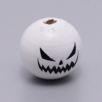 Schima Wood Beads, Halloween Theme, Round with Expression Pattern, White, 15.50~16mm,Hole:4mm
