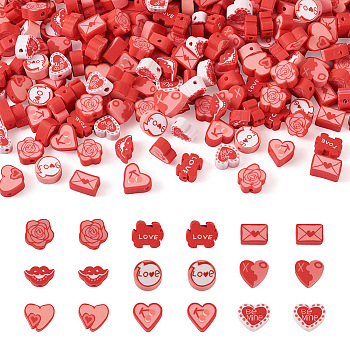 Valentine's Day Theme Handmade Polymer Clay Beads, Mixed Shapes, Red, 6~9.5x9.5~11x4~4.5mm, Hole: 1.4~1.6mm, 30pcs/style