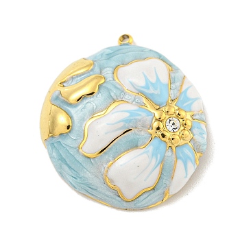 Ion Plating(IP) 304 Stainless Steel Rhinestone Pendants, with Enamel, Real 18K Gold Plated, Half Round with Flower Charm, Sky Blue, 30x26.5x8mm, Hole: 1.5mm