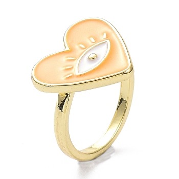 Alloy Enamel Finger Rings, Heart with Evil Eye, Light Gold, Orange, 2mm, US Size 7 1/4(17.5mm)