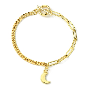 Golden Brass Charm Bracelets, with Paperclip & Curb Chains, Moon, 7-1/2 inch(19.2cm)