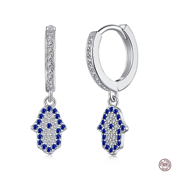 Rhodium Plated 925 Sterling Silver Micro Pave Cubic Zirconia Hoop Earrings for Women, Hamsa Hand Dangle Earrings, with S925 Stamp, Real Platinum Plated, 24x7mm