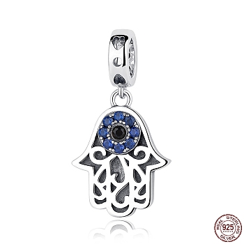 925 Sterling Silver European Dangle Charms, with Cubic Zirconia, Large Hole Pendants, Palm with Evil Eye , Antique Silver, 25x14mm, Hole: 4.2~4.5mm
