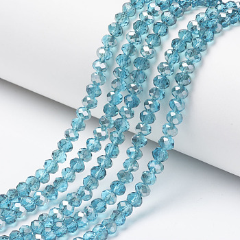Electroplate Transparent Glass Beads Strands, Half Gray Plated, Faceted, Rondelle, Cyan, 4x3mm, Hole: 0.4mm, about 123~127pcs/strand, 16.5~16.9 inch(42~43cm)