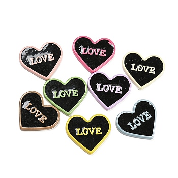 Opaque Resin Cabochons, Heart with Word Love, Mixed Color, 26x29x3.5mm